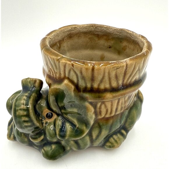 Vintage Elephant Ceramic Planter With Green & Brown Glaze - Animal-Themed Pot - Picture 1 of 9